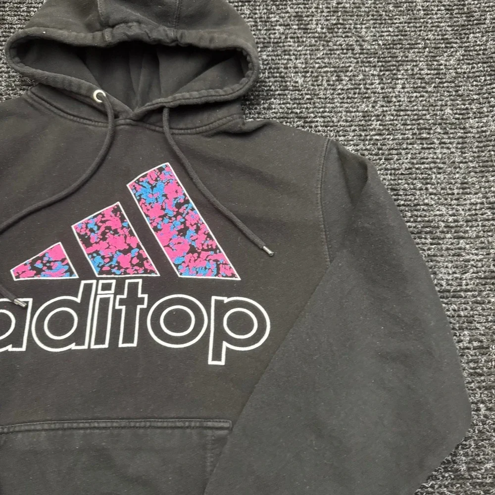Adidas Aditop Black Graphic Hoodie Pink Blue Splatter‎ Logo Pullover Mens Medium